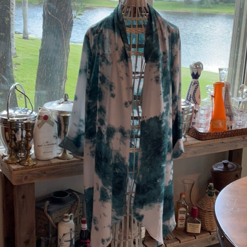 FREE SHIPPING-Melissa McCarthy 2XL Duster Kimono Blue Watercolor Teal Green